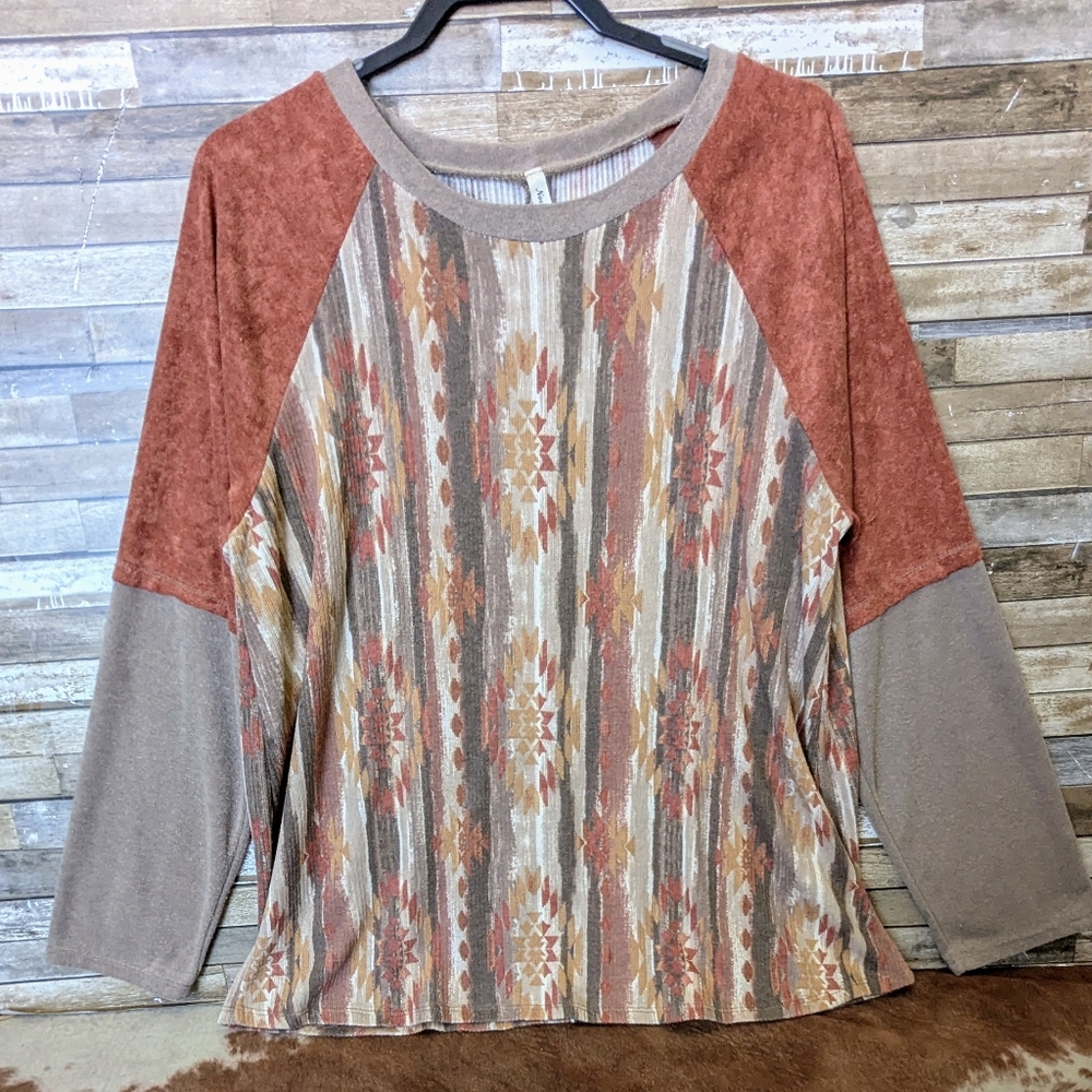 New N Forever Tribal Aztec Multi Color Sleeve Drop Shoulder Jersey Style Top